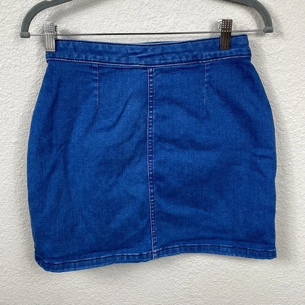 Free People We The Free Notched Denim Mini Skirt Asymmetric Snap Blue Jean Sz 6